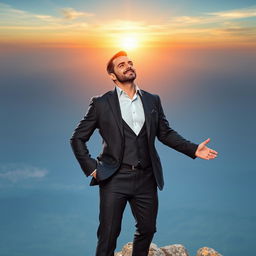 A powerful portrait of a confident leader standing atop a mountain peak, gazing towards the horizon with determination