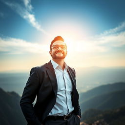 A powerful portrait of a confident leader standing atop a mountain peak, gazing towards the horizon with determination