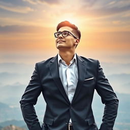 A powerful portrait of a confident leader standing atop a mountain peak, gazing towards the horizon with determination