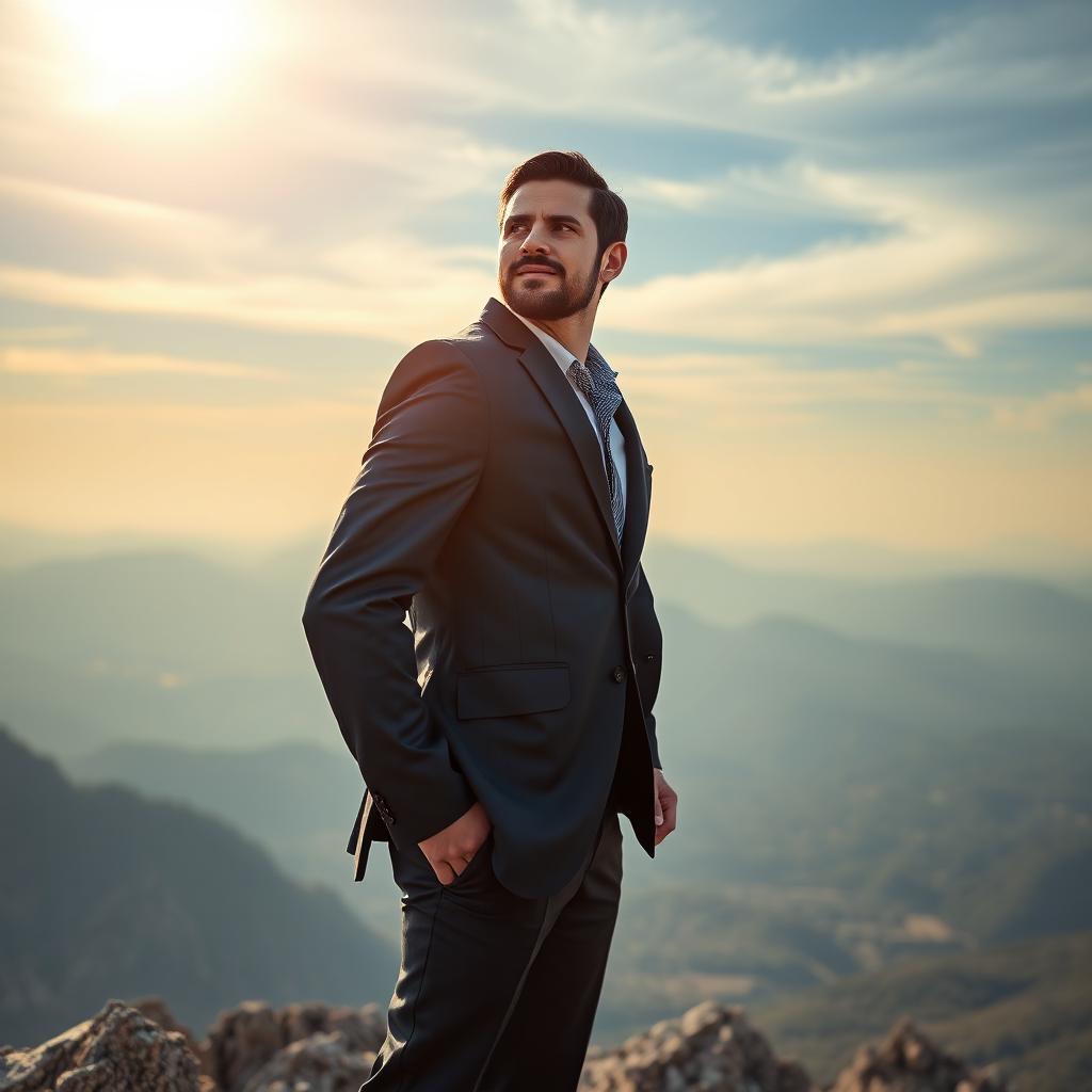 A powerful portrait of a confident leader standing atop a mountain peak, gazing towards the horizon with determination