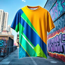 A trendy t-shirt design inspired by modern street fashion, featuring a bold geometric pattern with vivid colors including electric blue, neon green, and bright yellow