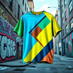 A trendy t-shirt design inspired by modern street fashion, featuring a bold geometric pattern with vivid colors including electric blue, neon green, and bright yellow