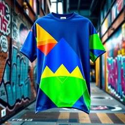 A trendy t-shirt design inspired by modern street fashion, featuring a bold geometric pattern with vivid colors including electric blue, neon green, and bright yellow