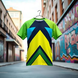 A trendy t-shirt design inspired by modern street fashion, featuring a bold geometric pattern with vivid colors including electric blue, neon green, and bright yellow