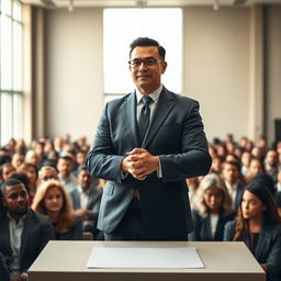 An inspiring depiction of a confident leader at the forefront of a large room filled with attentive followers, illustrating the secret to leadership and success