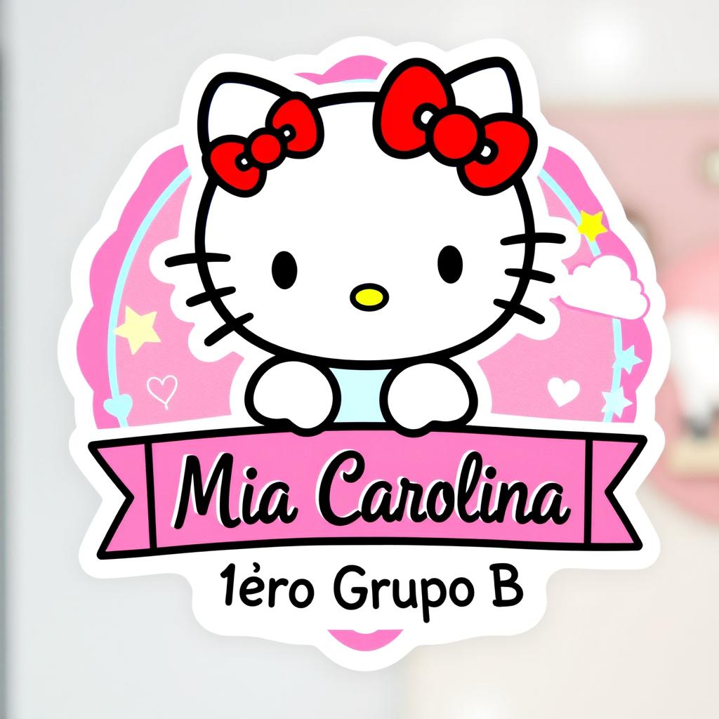 A vibrant and playful school sticker featuring Hello Kitty, the adorable white cat with a red bow, in her classic styling