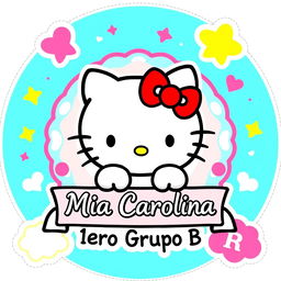 A vibrant and playful school sticker featuring Hello Kitty, the adorable white cat with a red bow, in her classic styling