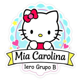 A vibrant and playful school sticker featuring Hello Kitty, the adorable white cat with a red bow, in her classic styling