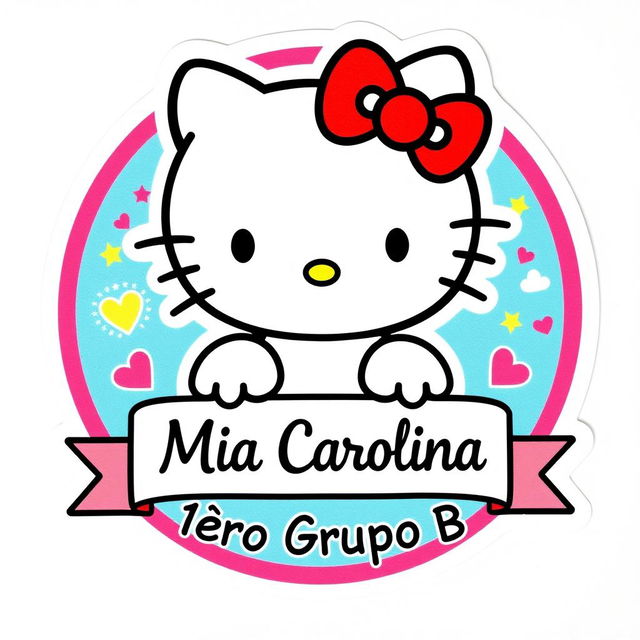 A vibrant and playful school sticker featuring Hello Kitty, the adorable white cat with a red bow, in her classic styling