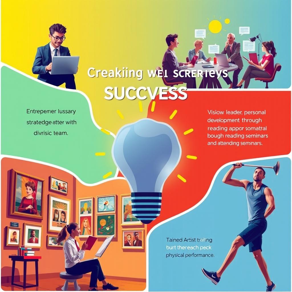 A dynamic and inspirational scene depicting five different innovative and creative ideas for achieving success