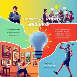 A dynamic and inspirational scene depicting five different innovative and creative ideas for achieving success