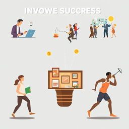 A dynamic and inspirational scene depicting five different innovative and creative ideas for achieving success