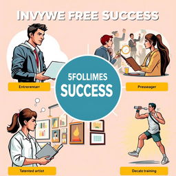 A dynamic and inspirational scene depicting five different innovative and creative ideas for achieving success