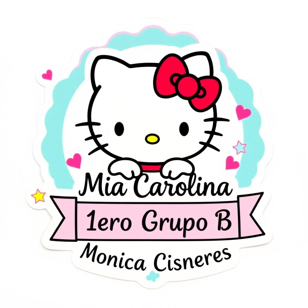 A lively and charming school sticker featuring Hello Kitty, the beloved white cat with a red bow, in her classic style