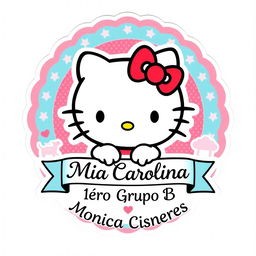 A lively and charming school sticker featuring Hello Kitty, the beloved white cat with a red bow, in her classic style