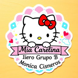 A lively and charming school sticker featuring Hello Kitty, the beloved white cat with a red bow, in her classic style