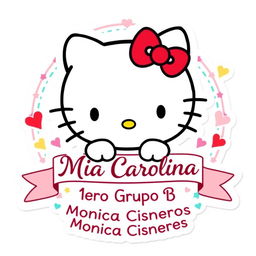 A lively and charming school sticker featuring Hello Kitty, the beloved white cat with a red bow, in her classic style