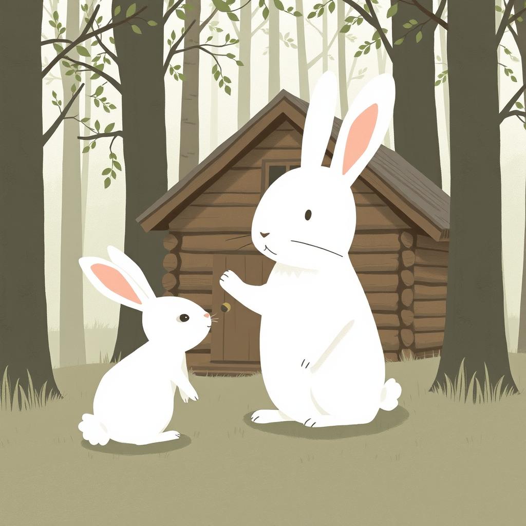 In front of a forest cabin, a large white rabbit gently stroking the ear of a small white rabbit, who gazes into the distance, depicted in Jon Klassen style