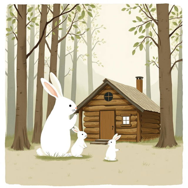 In front of a forest cabin, a large white rabbit gently stroking the ear of a small white rabbit, who gazes into the distance, depicted in Jon Klassen style