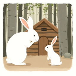 In front of a forest cabin, a large white rabbit gently stroking the ear of a small white rabbit, who gazes into the distance, depicted in Jon Klassen style