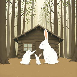 In front of a forest cabin, a large white rabbit gently stroking the ear of a small white rabbit, who gazes into the distance, depicted in Jon Klassen style