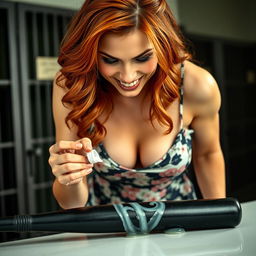 A close-up of a sexy redhead bending over a counter, clad in a floral sundress that accentuates her cleavage