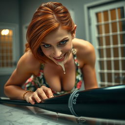 A close-up of a sexy redhead bending over a counter, wearing a floral sundress that highlights her cleavage