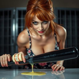 A close-up of a sexy redhead bending over a counter, wearing a floral sundress that highlights her cleavage