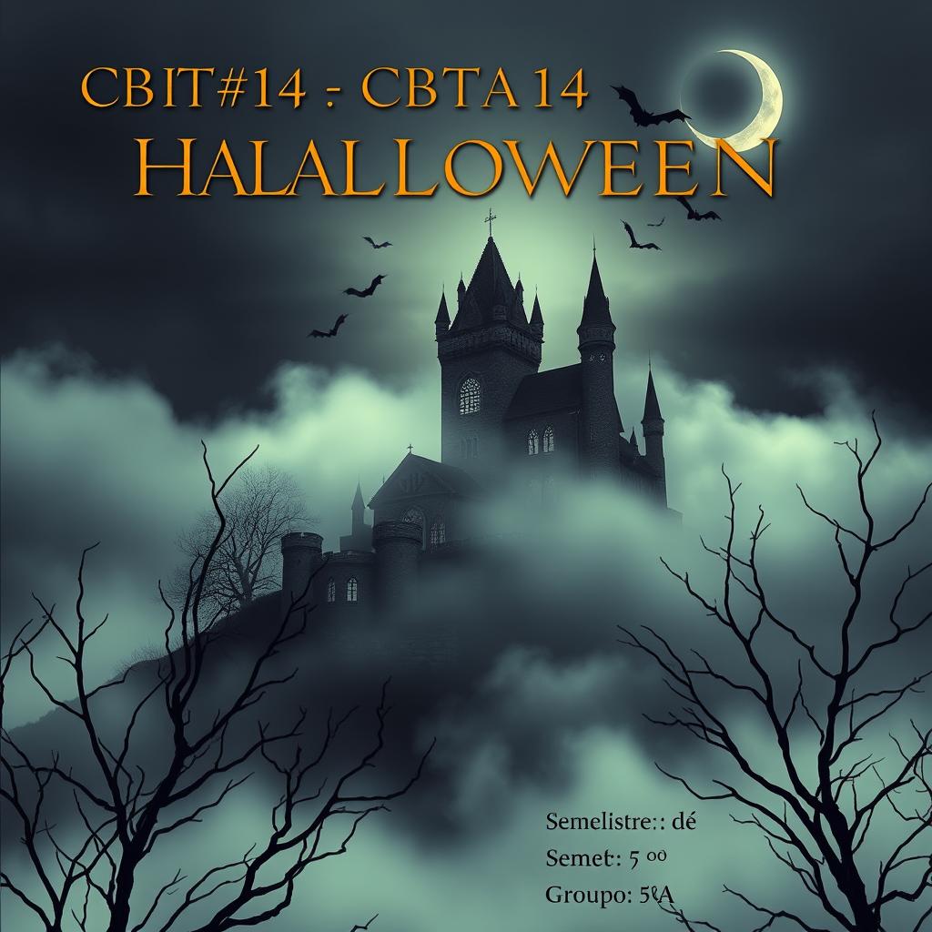 A gothic-style Halloween book cover featuring a dark and mysterious scene of an ancient castle enveloped in thick fog