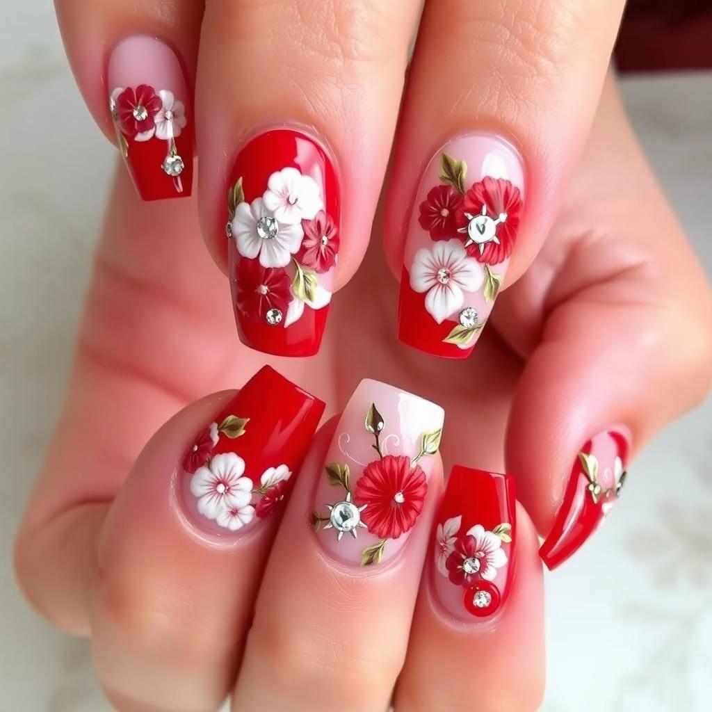 Elegant manicure with intricate floral designs and gemstones, featuring a red and white color palette