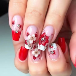 Elegant manicure with intricate floral designs and gemstones, featuring a red and white color palette