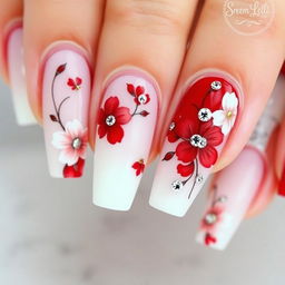 Elegant manicure with intricate floral designs and gemstones, featuring a red and white color palette