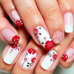 Elegant manicure with intricate floral designs and gemstones, featuring a red and white color palette