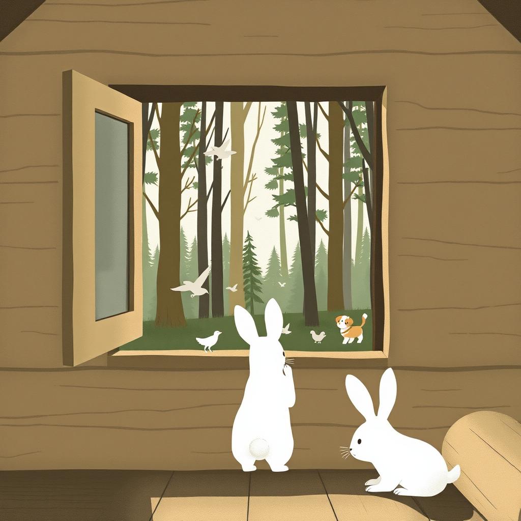 Inside a forest cabin, a small white rabbit gazes out of the window