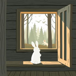 Inside a forest cabin, a small white rabbit gazes out of the window