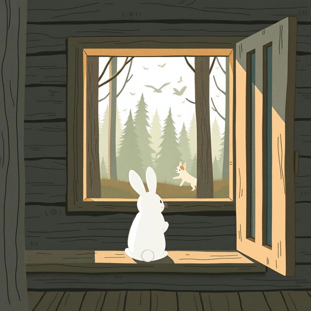 Inside a forest cabin, a small white rabbit gazes out of the window