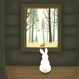 Inside a forest cabin, a small white rabbit gazes out of the window