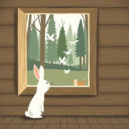 Inside a forest cabin, a small white rabbit gazes out of the window