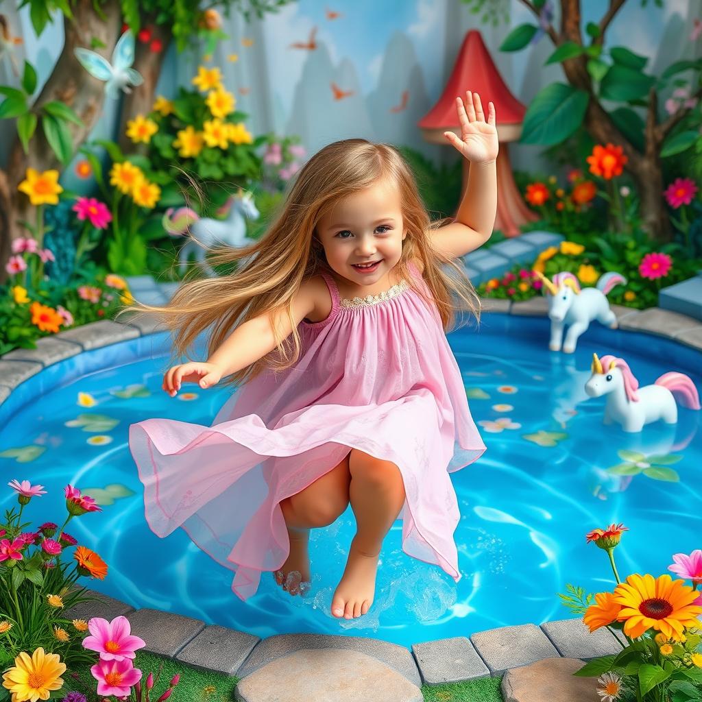 A playful girl with long flowing hair, playfully pretending to dive into an imaginary pool in a colorful, whimsical fantasy setting