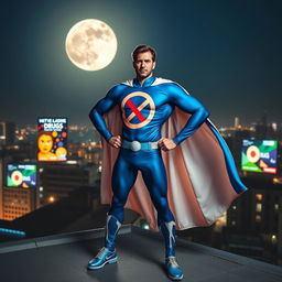 A superhero themed around drug prevention standing heroically on a rooftop at night, overlooking a cityscape