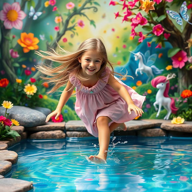 A playful girl with long flowing hair, playfully pretending to dive into an imaginary pool in a colorful, whimsical fantasy setting