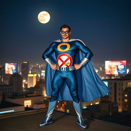 A superhero themed around drug prevention standing heroically on a rooftop at night, overlooking a cityscape