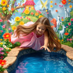 A playful girl with long flowing hair, playfully pretending to dive into an imaginary pool in a colorful, whimsical fantasy setting