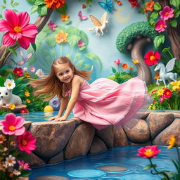 A playful girl with long flowing hair, playfully pretending to dive into an imaginary pool in a colorful, whimsical fantasy setting