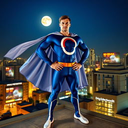 A superhero themed around drug prevention standing heroically on a rooftop at night, overlooking a cityscape
