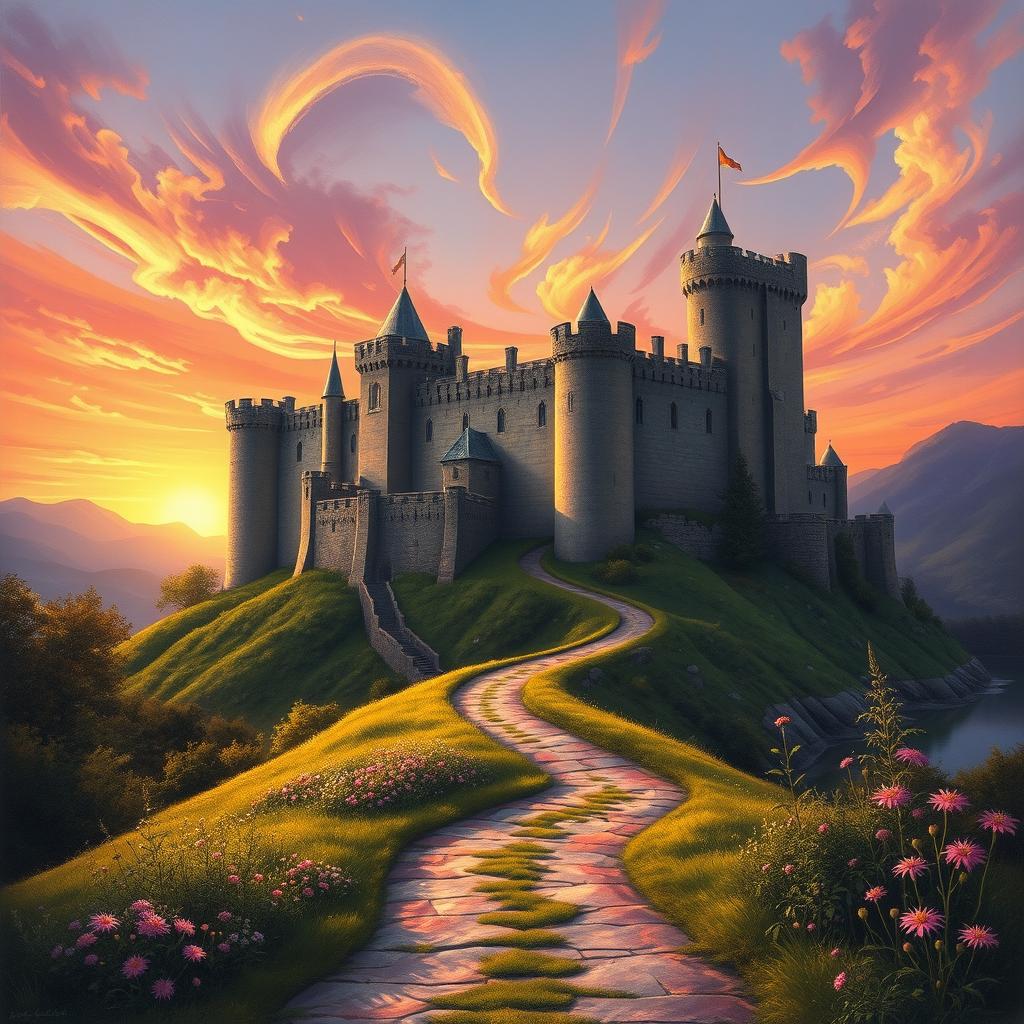 A majestic medieval castle perched atop a hill with sprawling turrets and high stone walls, bathed in the warm hues of a setting sun