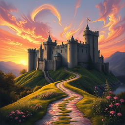 A majestic medieval castle perched atop a hill with sprawling turrets and high stone walls, bathed in the warm hues of a setting sun