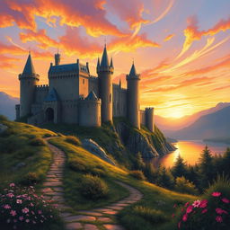 A majestic medieval castle perched atop a hill with sprawling turrets and high stone walls, bathed in the warm hues of a setting sun