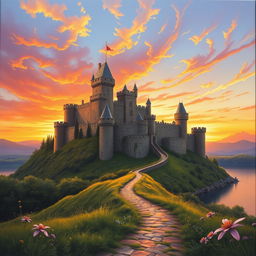 A majestic medieval castle perched atop a hill with sprawling turrets and high stone walls, bathed in the warm hues of a setting sun