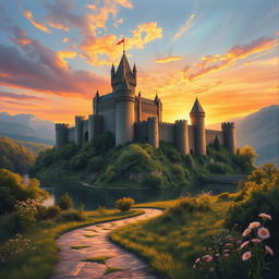 A majestic medieval castle perched atop a hill with sprawling turrets and high stone walls, bathed in the warm hues of a setting sun